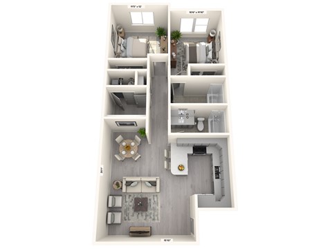 Floor plan for 2 beds, 2 baths, 930 sqft